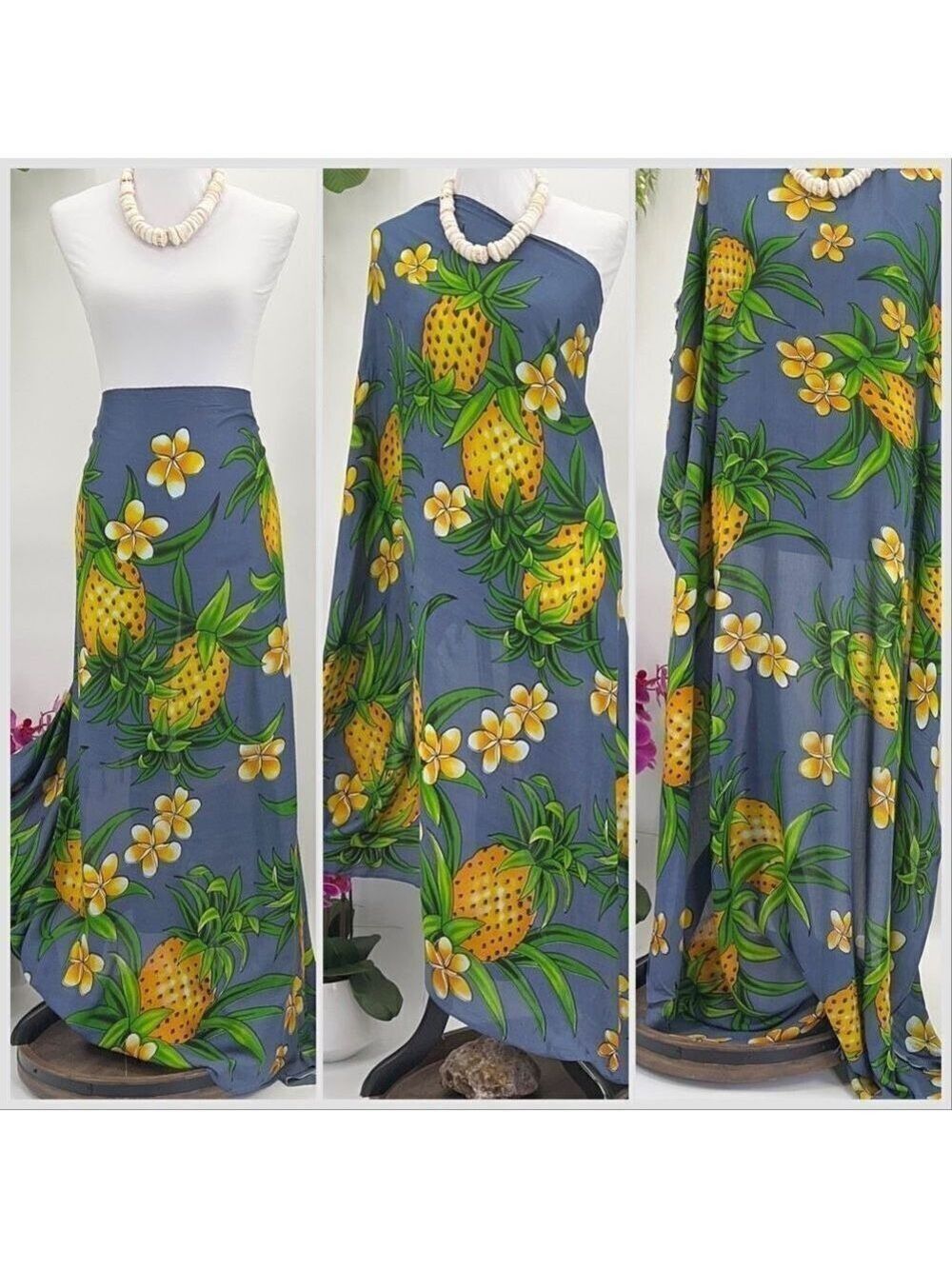 Gray Yellow Pineapple Plumeria MAXI SARONG Kīkepa Pareo Beach Wrap Skirt